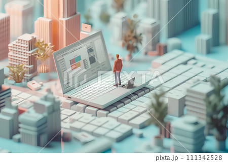 大きなノートパソコンとビジネスパーソン（3D） 111342528