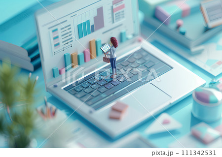 大きなノートパソコンとビジネスパーソン（3D） 111342531