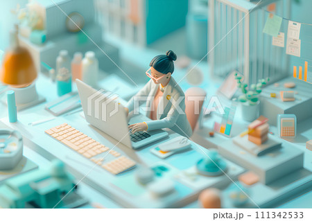 大きなノートパソコンとビジネスパーソン（3D） 111342533