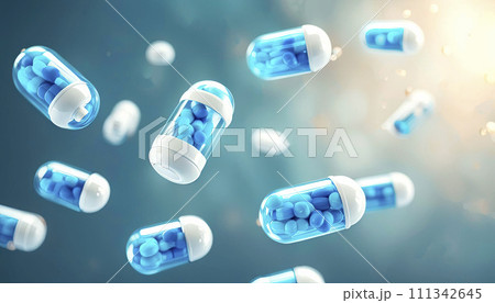 Falling blue and white medicine pill capsules on blue background. Antibiotics Falling blue and white medicine pill capsules on blue background. Antibiotics 111342645