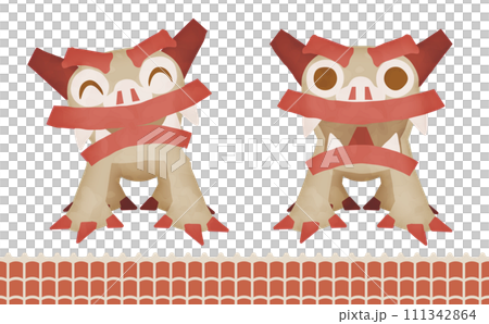 赤瓦に乗っている可愛い漆喰シーサー 111342864