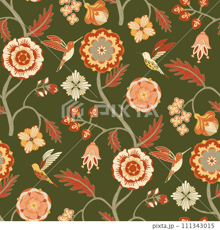 Carmine red and green floral pattern. Historical Indian floral style 111343015