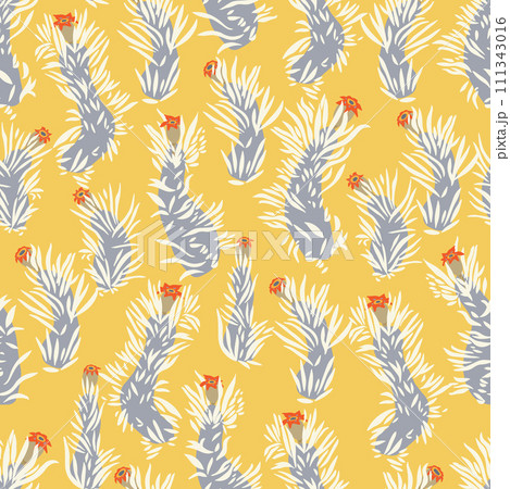 Moss drawing on yellow background. Hand drawn cartoon style seamless pattern. 111343016