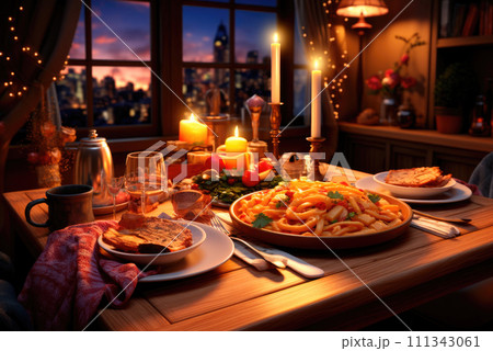 Cozy family Christmas dinner. Festive serving with candles 111343061