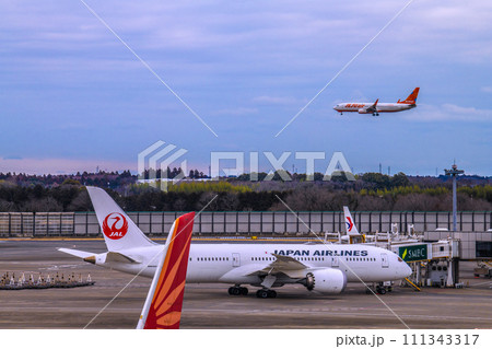 日本の千葉都市景観 成田空港第2からエア・インディアの旅客機B787-8やJALB787…などを望む 日本の千葉都市景観 成田空港第2からエア・インディアの旅客機B787-8やJALB787…などを望む 111343317