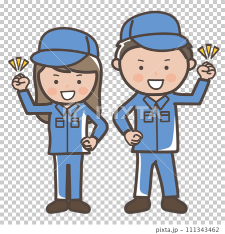 Illustration of male and female cleaners and workers wearing work clothes doing a fist pump and showing off their spirits 111343462