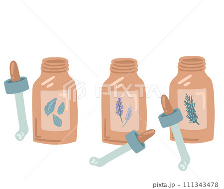 Set of flat designed bottles with aroma oils mint and lavender Set of flat designed bottles with aroma oils mint and lavender 111343478