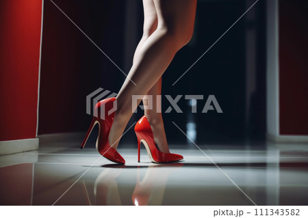 The striking red heels of a woman walking down a corridor bathed in atmospheric red light 111343582