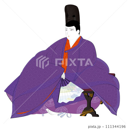 日本の貴族の古典衣裳.脇息に凭れる直衣姿の男性。平安時代イメージイラスト 111344196
