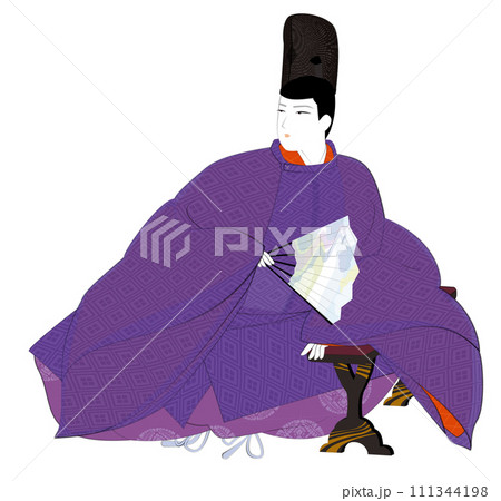 日本の貴族の古典衣裳.脇息に凭れる直衣姿の男性。平安時代イメージイラスト 111344198