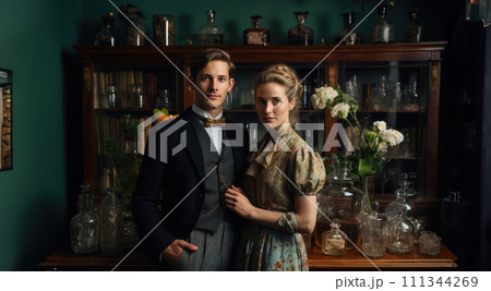 Refined Couple in Traditional Vintage Home Setting. AI-generated item 111344269