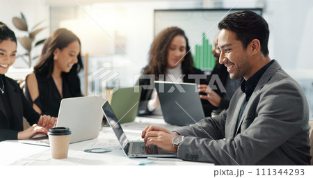 Man at meeting in office with laptop, internet and review for business feedback, schedule or agenda. Networking, typing and businessman online for market research, web report document and workshop. Man at meeting in office with laptop, internet and review for business feedback, schedule or agenda. Networking, typing and businessman online for market research, web report document and workshop. 111344293
