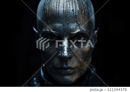 face fully covered in silver paint and detailed texture. AI-generated item 111344378