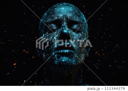 blue painted face with closed eyes surrounded by cosmic energy sparks. AI-generated item 111344379