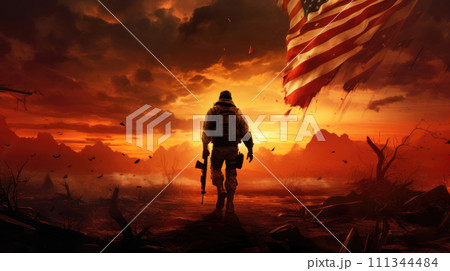 Soldier's Silhouette Against U.S. Flag at Sunset. AI-generated item 111344484