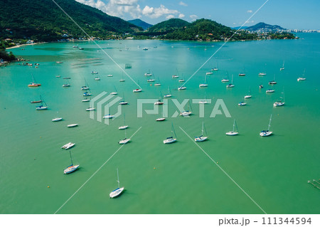 Sailing boats in marina near Santa Catarina island. Aerial view 111344594