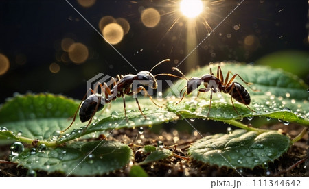 Close-up of ants or ant on a leaf in the wonderful green nature in sunlight on a meadow - ai generated 111344642