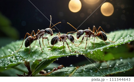 Close-up of ants or ant on a leaf in the wonderful green nature in sunlight on a meadow - ai generated 111344643