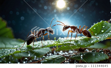 Close-up of ants or ant on a leaf in the wonderful green nature in sunlight on a meadow - ai generated 111344645
