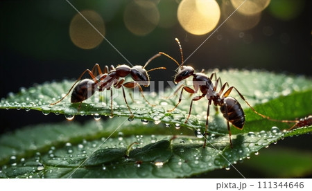 Close-up of ants or ant on a leaf in the wonderful green nature in sunlight on a meadow - ai generated 111344646