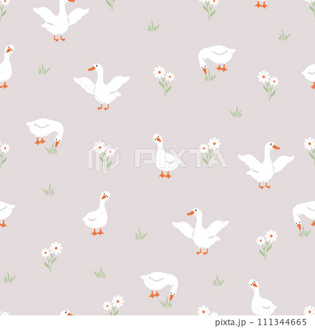 Seamless pattern with cute white gooses. Domestic and wild ducks on farm. Hand drawn print. Perfect for fabric, package paper, wallpaper, postcards. Vector illustration in flat cartoon style Seamless pattern with cute white gooses. Domestic and wild ducks on farm. Hand drawn print. Perfect for fabric, package paper, wallpaper, postcards. Vector illustration in flat cartoon style 111344665