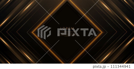Luxury square frame golden glitter effect glowing on black background with lighting effect sparkle. 111344941