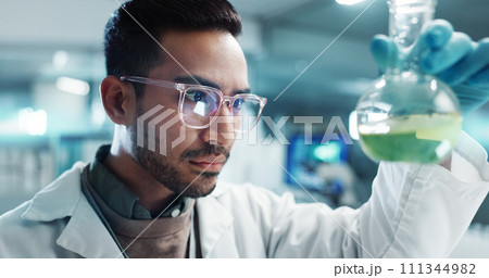 Serious man, scientist and beaker with chemical for research, experiment or test in lab. Science, medical professional and shake glass for development of cure, biotechnology and study for healthcare Serious man, scientist and beaker with chemical for research, experiment or test in lab. Science, medical professional and shake glass for development of cure, biotechnology and study for healthcare 111344982