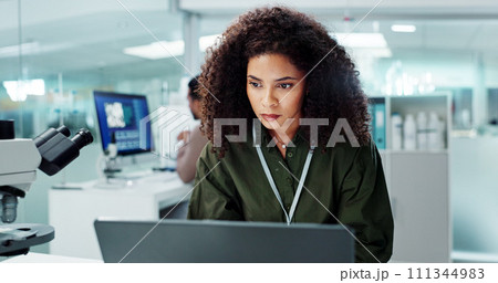 Woman. laptop and lab for research science or online internet for futuristic discovery, microscope or medicine. Female person, brainstorming and biotechnology for investigation, cure or development 111344983