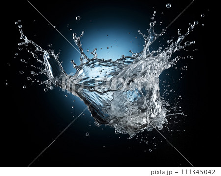 transparent splash water with blue accent color in the abstract form on black background AI-generated transparent splash water with blue accent color in the abstract form on black background AI-generated 111345042