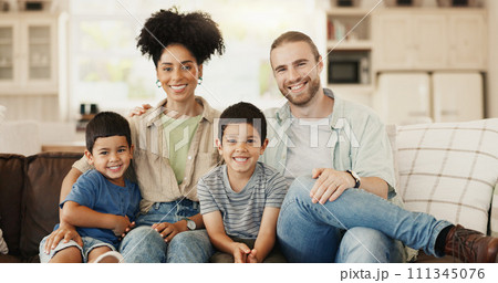 Smile, love and face of a family on sofa for relaxing and bonding together in the living room. Happy, proud and portrait of boy children or kids sitting with their young parents at their modern home. 111345076