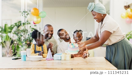 Birthday cake, family and children with parents for celebration, clapping and cheers for party at home. Happy, excited people, girl or kids with dessert and singing, kiss and love or support on patio 111345231