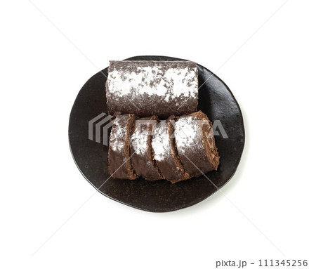 Chocolate Swiss Roll, Round Sponge Cake Isolated, Sliced Rolled Vanilla Biscuit with Cocoa Cream Filling Chocolate Swiss Roll, Round Sponge Cake Isolated, Sliced Rolled Vanilla Biscuit with Cocoa Cream Filling 111345256