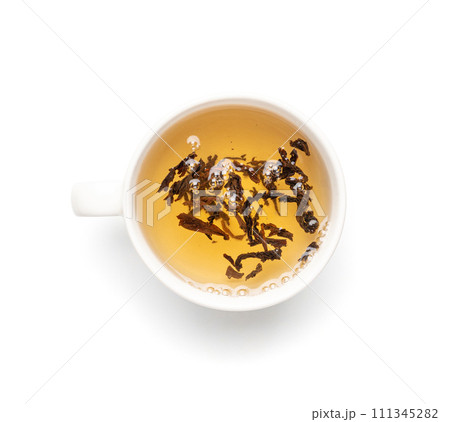 Tea Brewing Process in White Cup Isolated, Stages of Brewing Black Tea, Brew Ceremony, White Background Tea Brewing Process in White Cup Isolated, Stages of Brewing Black Tea, Brew Ceremony, White Background 111345282