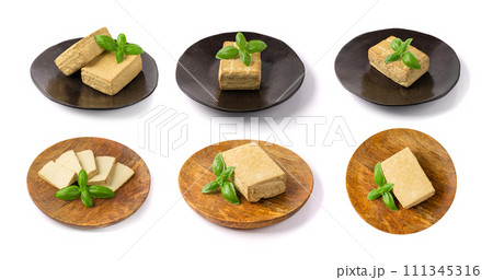 Tofu Cheese Isolated, Smoked Vegan Cheese Slice, Sliced Soya Bean Curd, Soy Protein or TSP 111345316