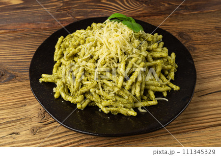Trofie Al Pesto, Italian Pasta with Pesto Sauce, Traditional Genovese Troffie, Fusilli Pugliesi, Liguria Food 111345329