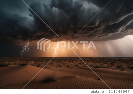 Dramatic desert thunderstorm with lightning strikes.. AI-generated item 111345647