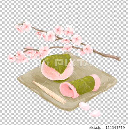 Illustration of two types of sakuramochi and cherry blossom branches on a Japanese plate 111345819