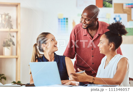 Creative business team planning in a meeting with laptop in modern startup office while discuss a strategy. Teamwork, collaboration and support in a corporate marketing or advertising company 111346057