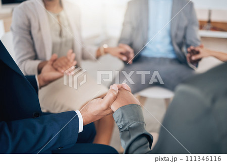 Business people holding hands in prayer, community trust and support in therapy, workshop and communication for mental health. Depression, anxiety or stress with employees or counseling in circle 111346116