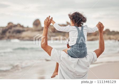 Beach water, dad and child on family holiday together for a fun summer break to bond in nature. Happy father and kid enjoy ocean vacation with young girl holding parent for balance on shoulders. Beach water, dad and child on family holiday together for a fun summer break to bond in nature. Happy father and kid enjoy ocean vacation with young girl holding parent for balance on shoulders. 111346129