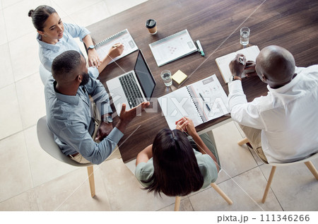 Business people in finance meeting with laptop, document report and notebook for company financial profit, strategy planning and marketing goal. Teamwork discussion and group manager KPI feedback 111346266