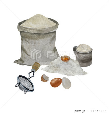 Sack mound flour egg sieve watercolor illustration 111346282