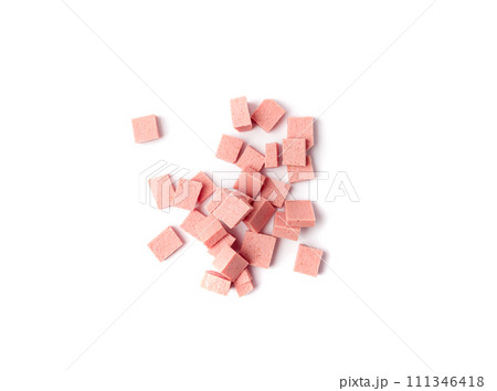 Diced Mortadella Slice Isolated, Luncheon Meat Cut, Chicken Ham Cubes, Boiled Sausage for Breakfast Diced Mortadella Slice Isolated, Luncheon Meat Cut, Chicken Ham Cubes, Boiled Sausage for Breakfast 111346418