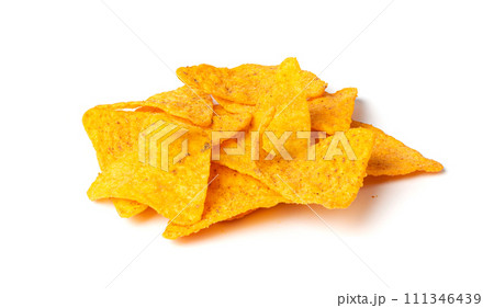 Nachos Chips Isolated, Mexican Triangle Corn Chips for Nacho Tortilla, Maize Snack, Nachos on White Background Nachos Chips Isolated, Mexican Triangle Corn Chips for Nacho Tortilla, Maize Snack, Nachos on White Background 111346439