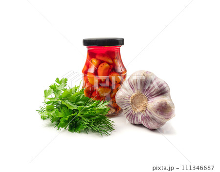 Pickled Garlic, Fermented Garlic Cloves with Red Chili Pepper, Hot Pickle Vegetable, Spices Garlic Cloves 111346687