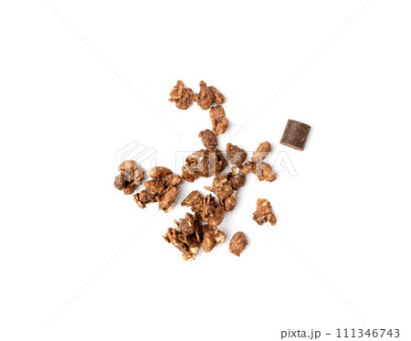 Chocolate Granola Pile Isolated, Cocoa Muesli Breakfast, Crunchy Cereals, Oatmeal Muesli Chocolate Granola Pile Isolated, Cocoa Muesli Breakfast, Crunchy Cereals, Oatmeal Muesli 111346743