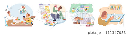 Child with tablet. Vector illustration. The communication between children and teachers has been enhanced through use tablets The integration technology into education has opened up new opportunities 111347088