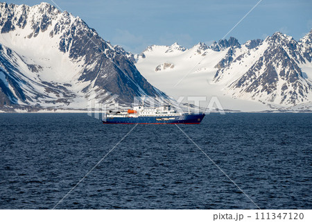 Expedition ship in Arctic sea, Svalbard. Passenger cruise vessel. Arctic and Antarctic cruise. 111347120