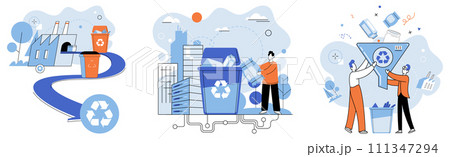 Waste disposal. Vector illustration. Safety measures ensure waste disposal is conducted in responsible and secure manner Waste disposal is resource-intensive process, highlighting importance Waste disposal. Vector illustration. Safety measures ensure waste disposal is conducted in responsible and secure manner Waste disposal is resource-intensive process, highlighting importance 111347294