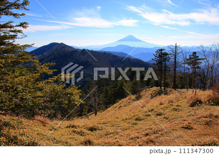 牛奥ノ雁ヶ腹摺山から見る富士山と御坂山地 111347300